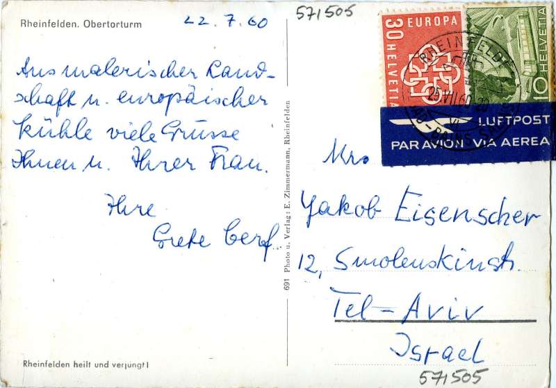 Postcard to Mrs. Yakob Eisenscher from Grete Cerf(?)<br>
